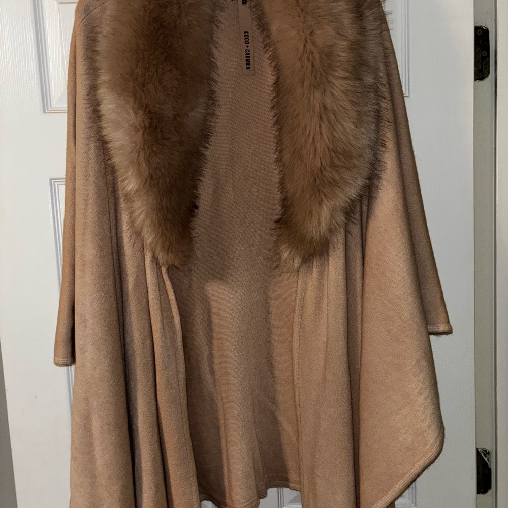Elegant Faux Fur Trimmed Camel Sweater